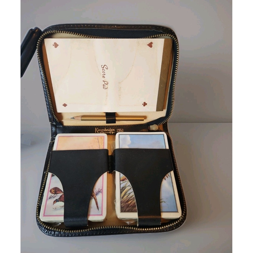 NOS 60s Vintage Kingsbridge Travel‎ Bridge Set Black Leather Zipper Case Austria